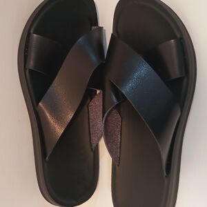 Black Leather Slide Sandals